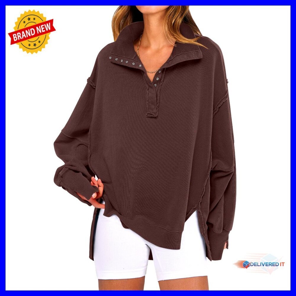 Oversized Henley Pullover Sweatshirt, Rayon Polyester Blend, Casual Wear